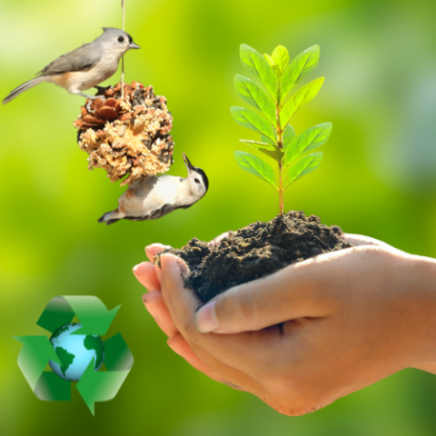 Young Scientists Earth Celebration with earth recycle logo, hand with dirt and plant sprout, and birds on a pinecone feeder