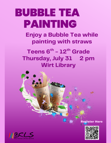 image of bubble tea in cups against a purple background that reads bubble tea painting