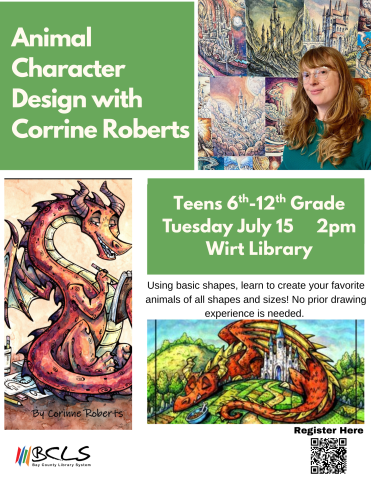 animal character design with corinne roberts including a picture of the author and an illustration of a dragon