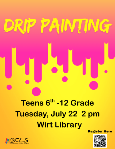 drip painting in yellow text against pink and yellow background