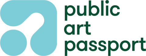 grey checkerboard background with green text that reads public art passport