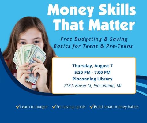 Image with title "Money Skills That Matter" and picture of a child holding cash.
