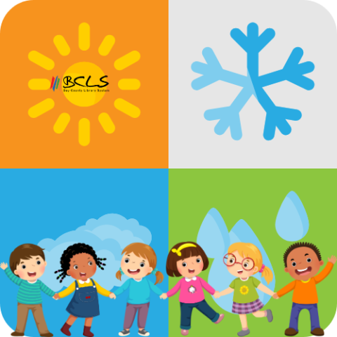 Graphic with weather types (sun, snow, clouds, and rain) with children graphic