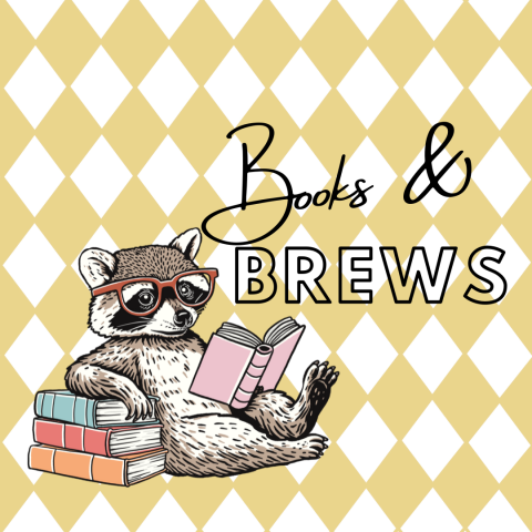 Words Books and Brews with an illustration of a raccoon reading next to a stack of books over a yellow checked background