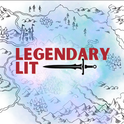 Legendary Lit Logo (Words with a Sword) over a fantasy map