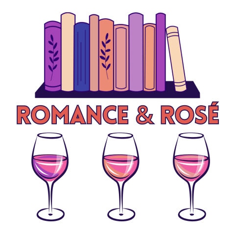 Text Romance and Rosé with a shelf of pink toned books above the text and three glasses of wine below