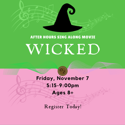 A green and pink image with a witch hat