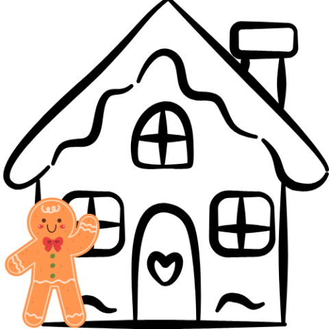 Black and white template of a gingerbread house with gingerbread man waving hello