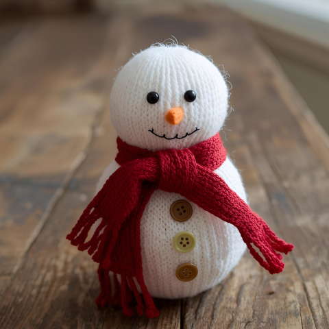 sock snowman wearing a red scarf with buttons down the front sitting on a wooden floor