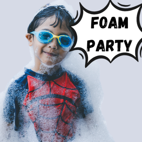 Photo of child wearing swim goggles with a text bubble reading "Foam Party."