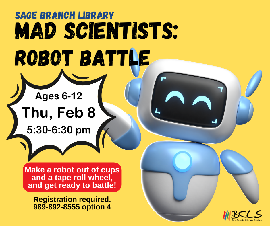 Flyer with graphics stating the information of the program with a friendly robot