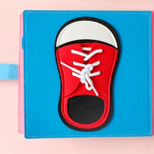 Felt page: blue background, red shoe, and laces for practicing tying a shoe 