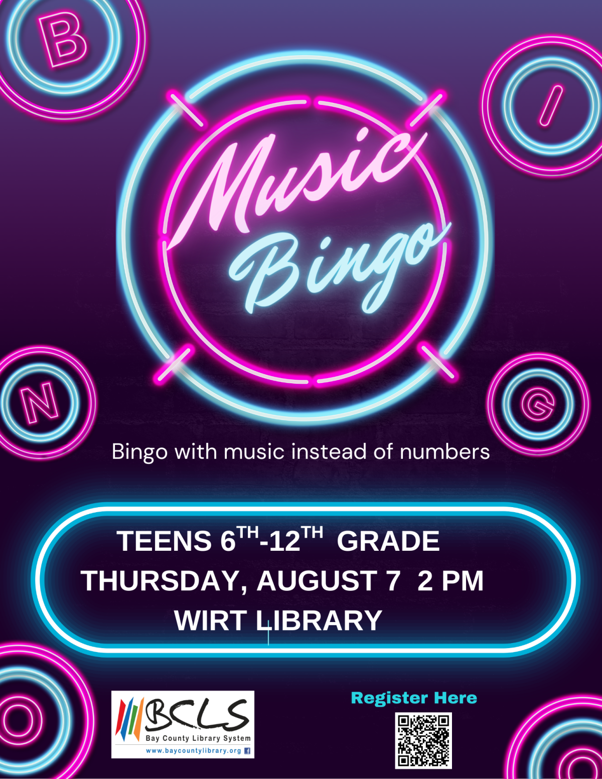 neon lettering that reads music bingo set against a purple background
