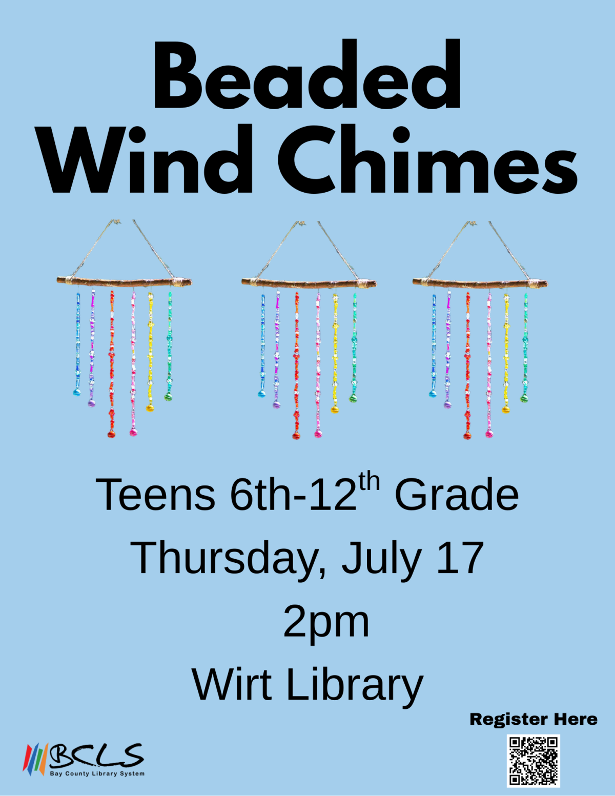 multicolor beaded wind chimes set against a blue background text reads beaded wind chimes