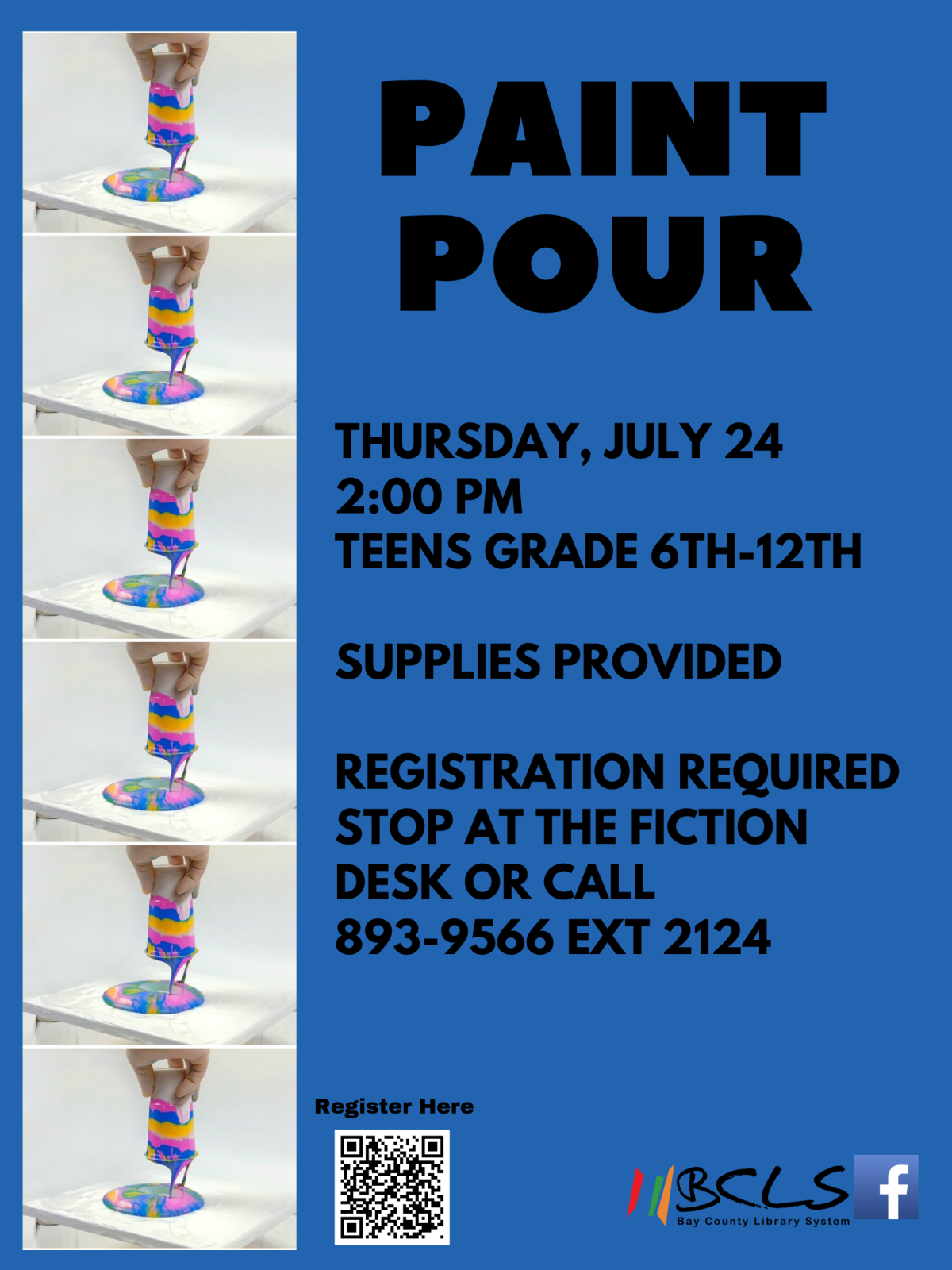 paint dripping on canvas, blue background with text that reads paint pour