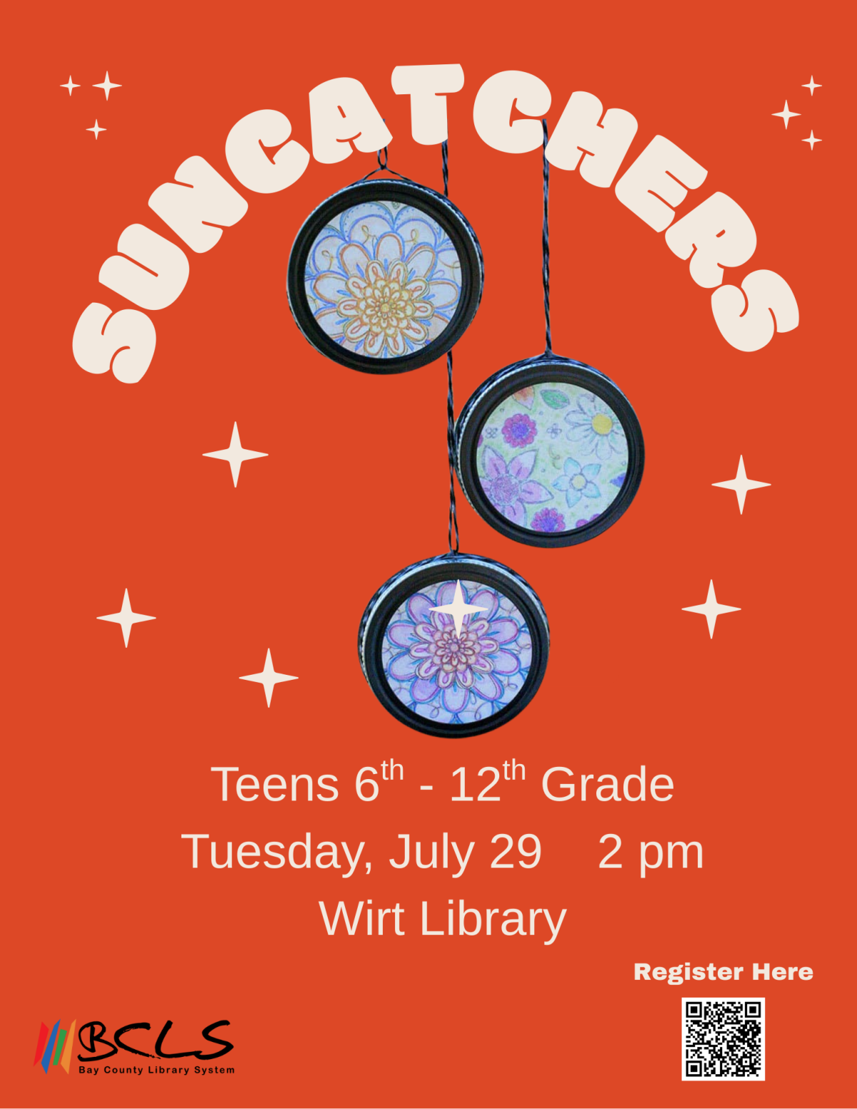 white text reads suncatchers against an orange background with an image of 3 suncatchers