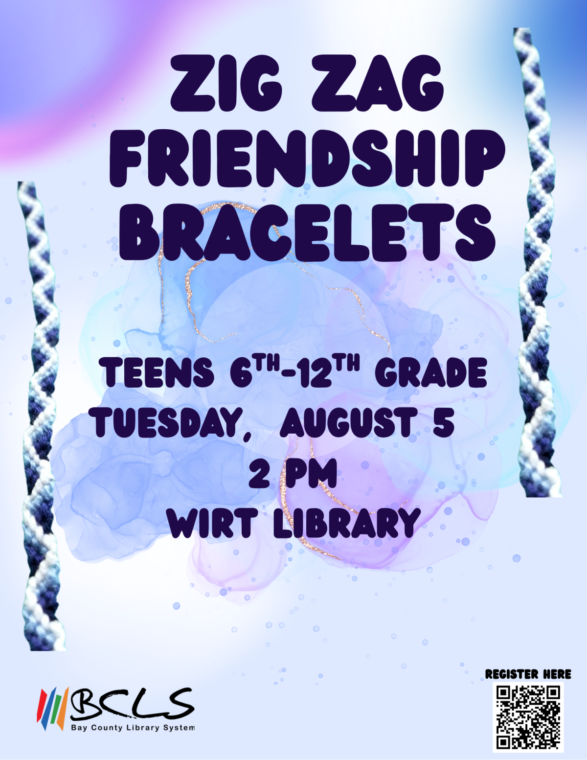 purple toned background with text that reads zig zag friendship bracelets