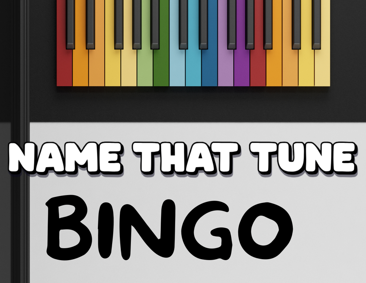 Colorful Piano keys above text "Name That Tune Bingo"