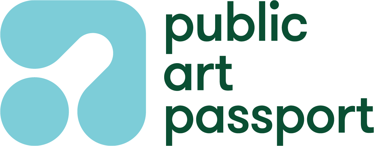 grey checkerboard background with green text that reads public art passport