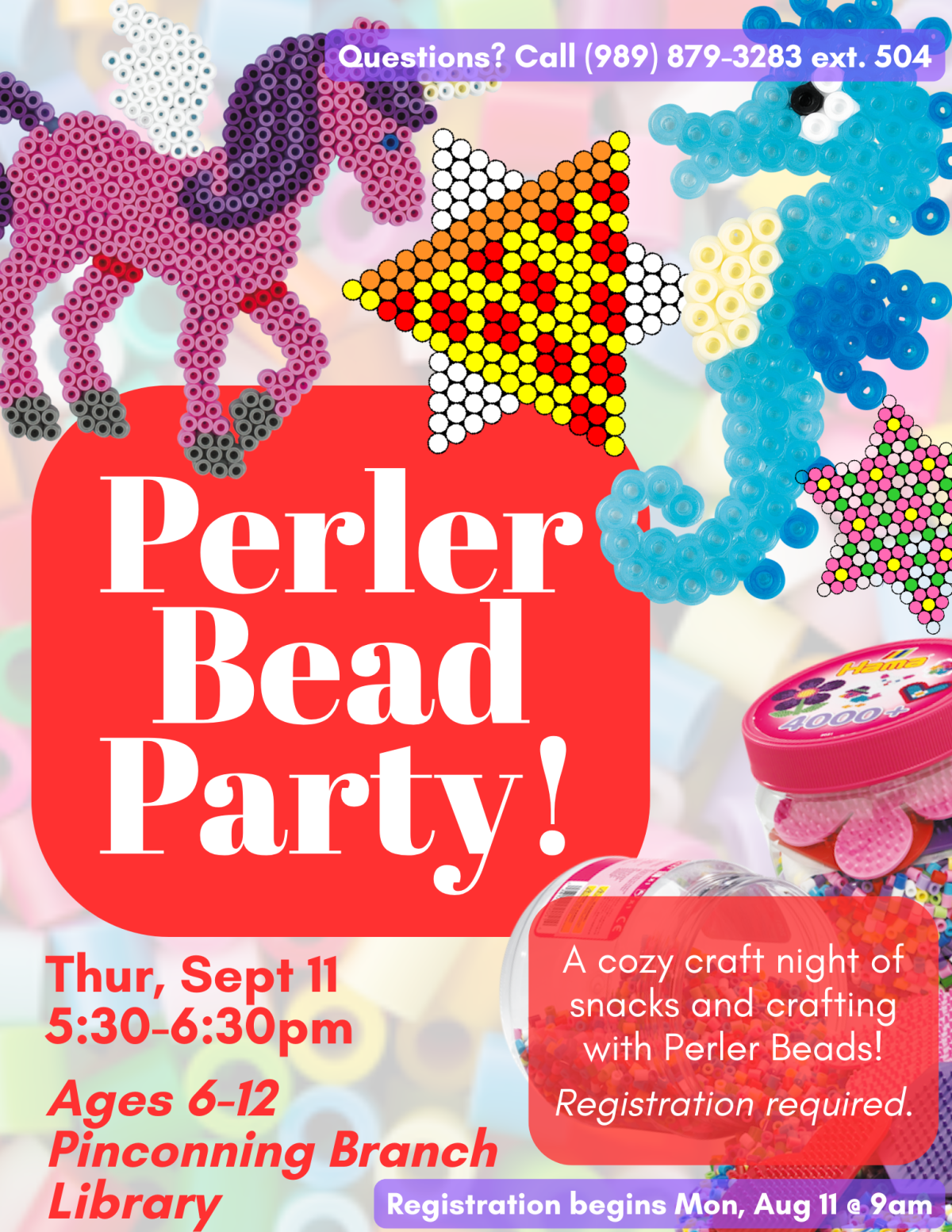 Graphic titled "Perler Bead Party" with images of Perler Bead crafts.