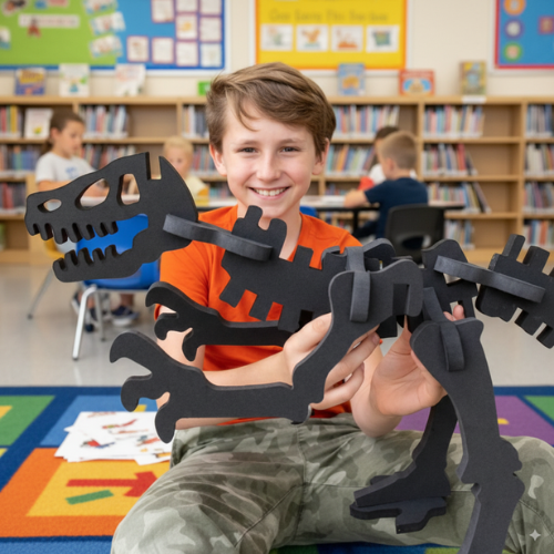 Child holding a dinosaur built with large foam dinosaur fossils
