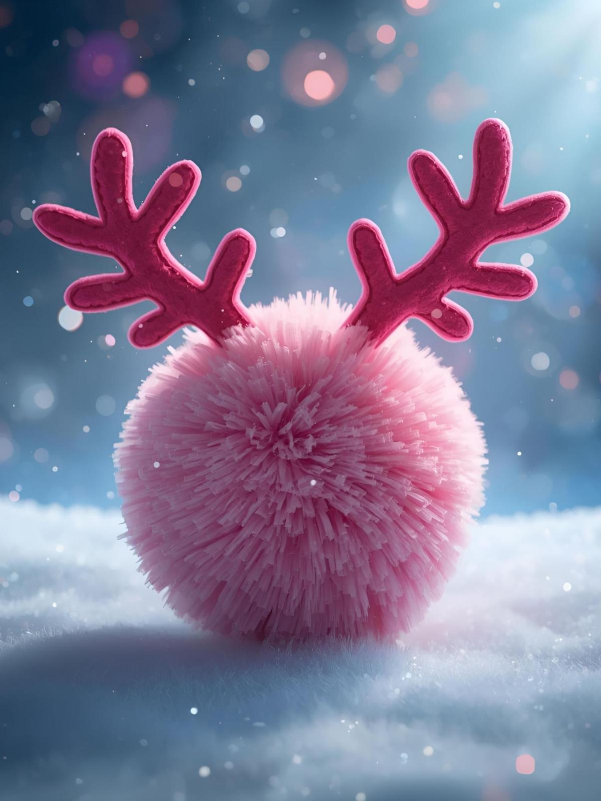 pink pom with felt antlers set against a wintry backdrop