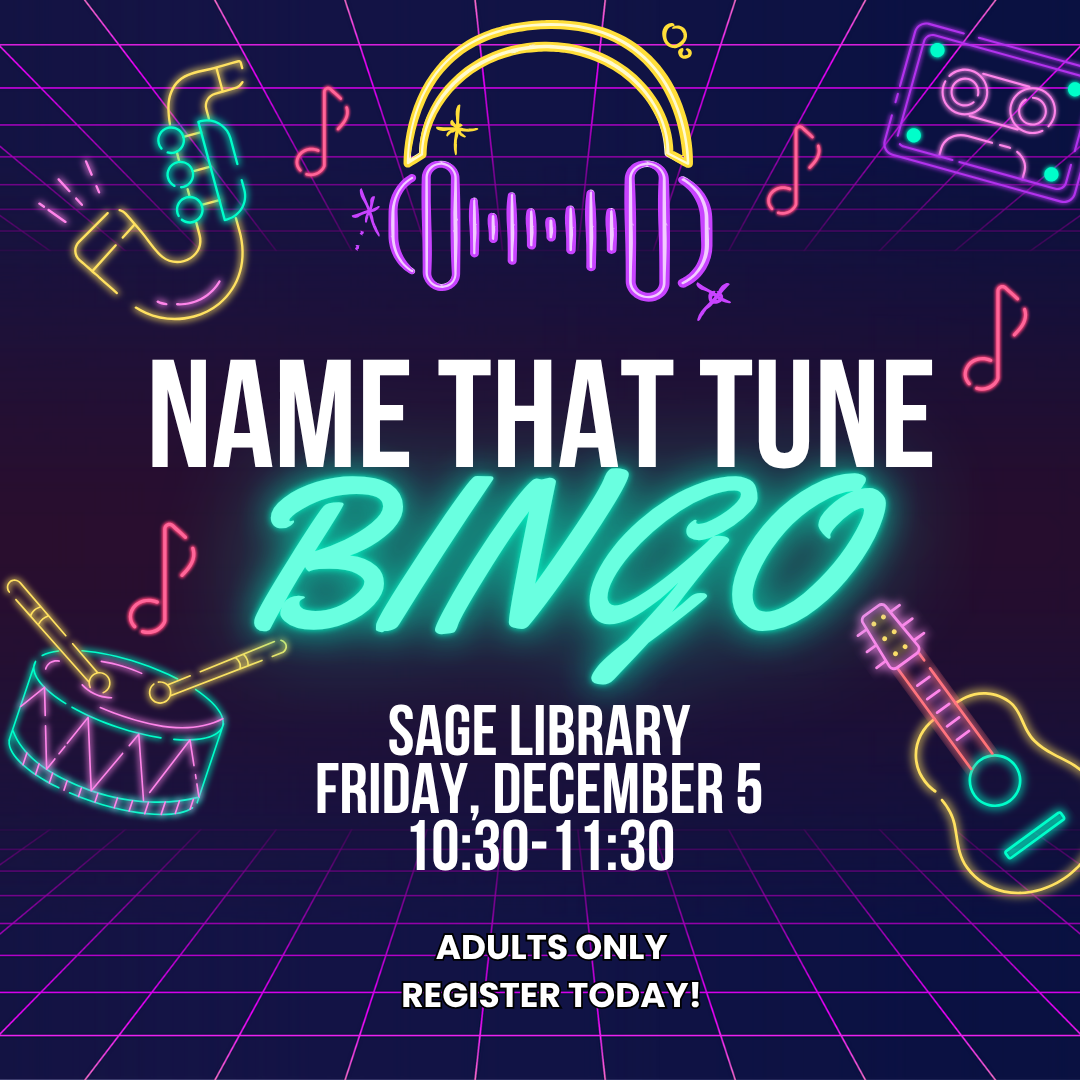 A retro stye poster with "Name That Tune Bingo"