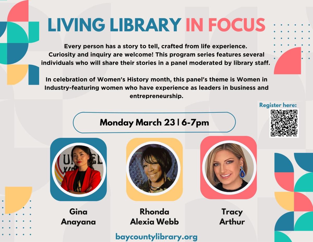 Living Library in Focus program flyer with images of panel participants