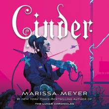 Cover of Cinder by Marissa Meyer. Pink background with a light pink moon. A girl holding metal scraps in the foreground.