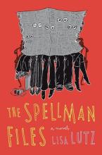 The Spellman Files by Lisa Lutz Red Cover with an illustration of a group of people peering out through a newspaper with holes cut in it.